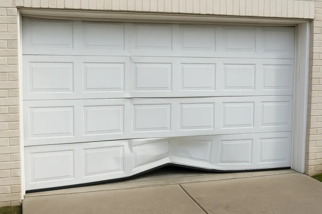 Dented garage door panel showing damage repaired by NextLevel Garage Co. in Bainbridge Island, WA