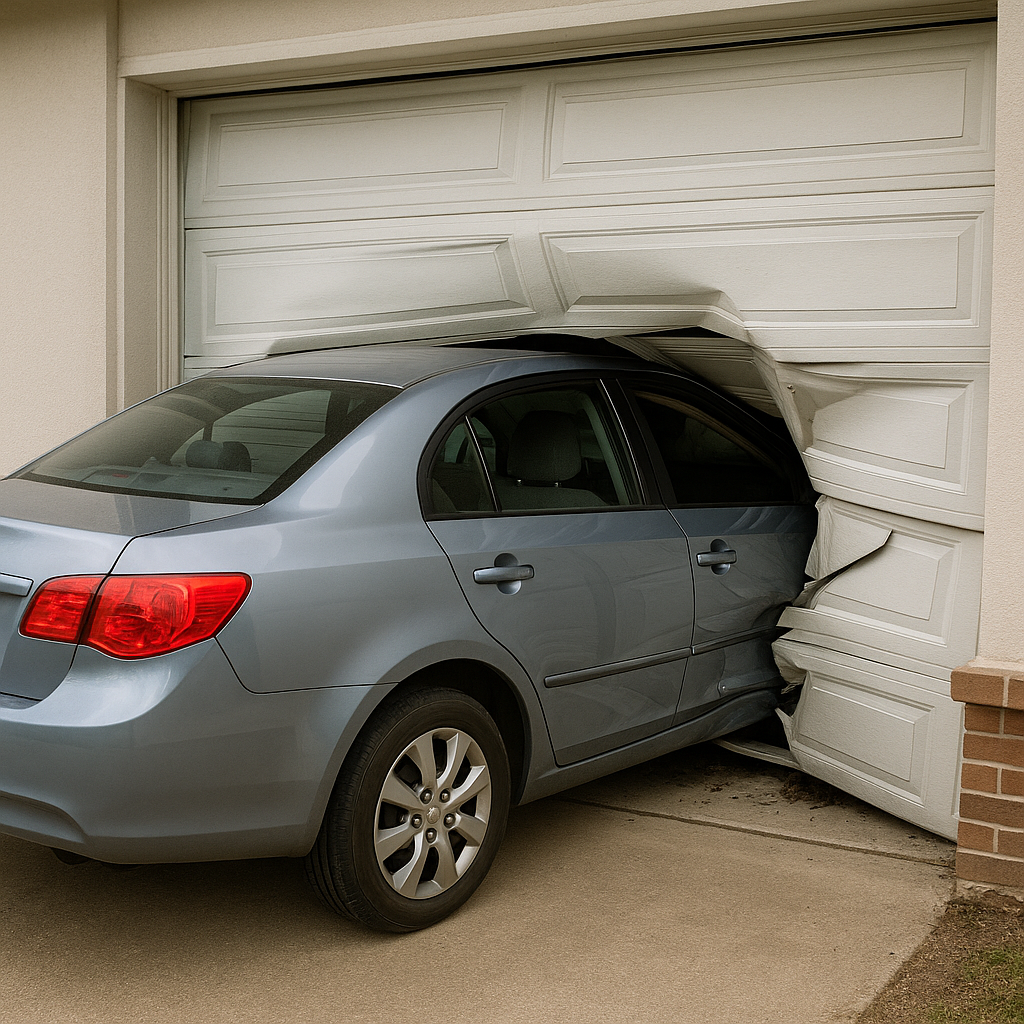 Vehicle collision damage to a residential garage door, repaired by NextLevel Garage Co. in Bainbridge Island, WA
