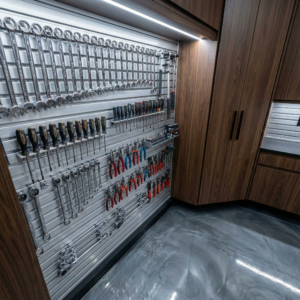 Organized garage slat wall system with custom cabinets and epoxy flooring