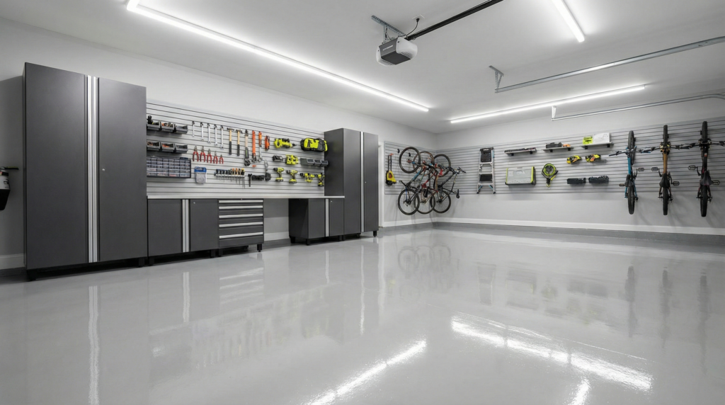 Two-car garage with charcoal gray polyaspartic floor, custom cabinets, slat wall storage, and bikes