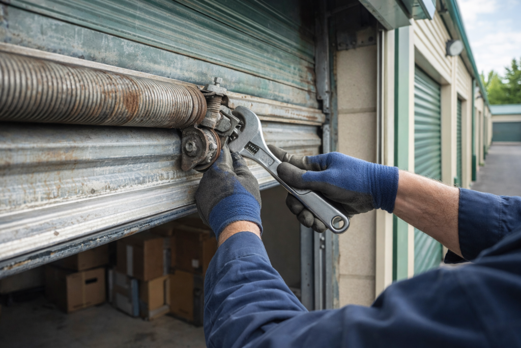 Technician repairing a commercial roll-up door at a storage facility, addressing wear from high daily use and coastal weather conditions in Kitsap County