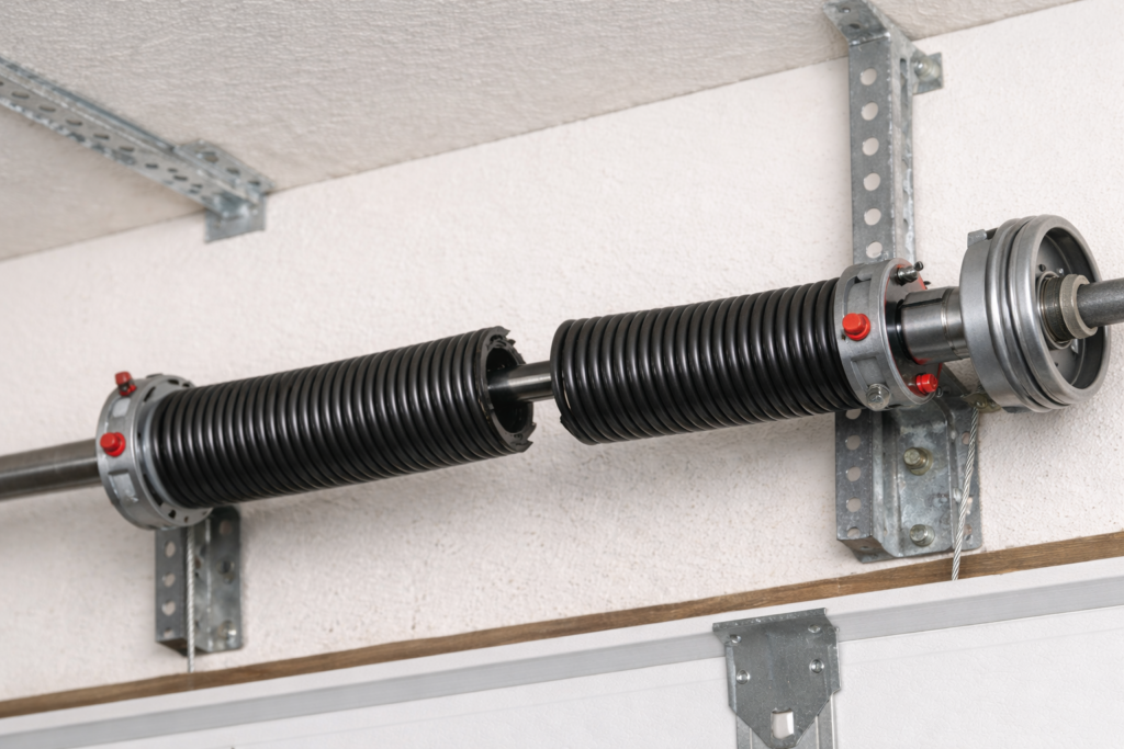 Close up of a broken garage door torsion spring snapped in the center above a garage door requiring spring repair service in Kitsap County