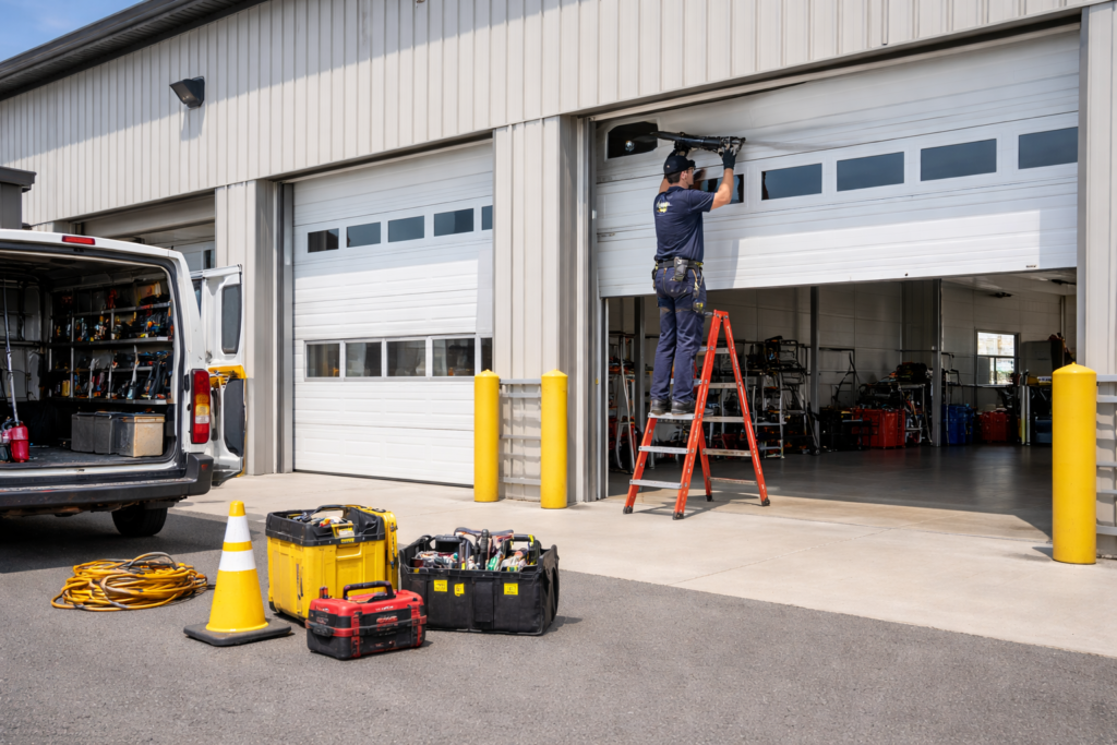 Technician performing commercial garage door service on an overhead sectional door at an industrial facility in Kitsap County