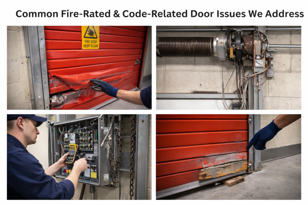 Examples of common fire-rated commercial door issues including damaged roll-up door slats, worn springs, control panel problems, and bottom door obstructions in a Kitsap County facility