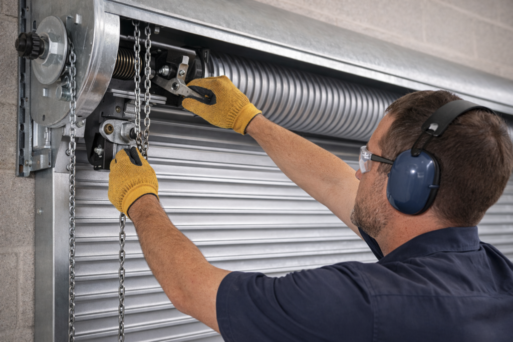 Technician performing rolling steel door repair by adjusting the chain hoist and spring assembly on a commercial coiling steel door in Kitsap County